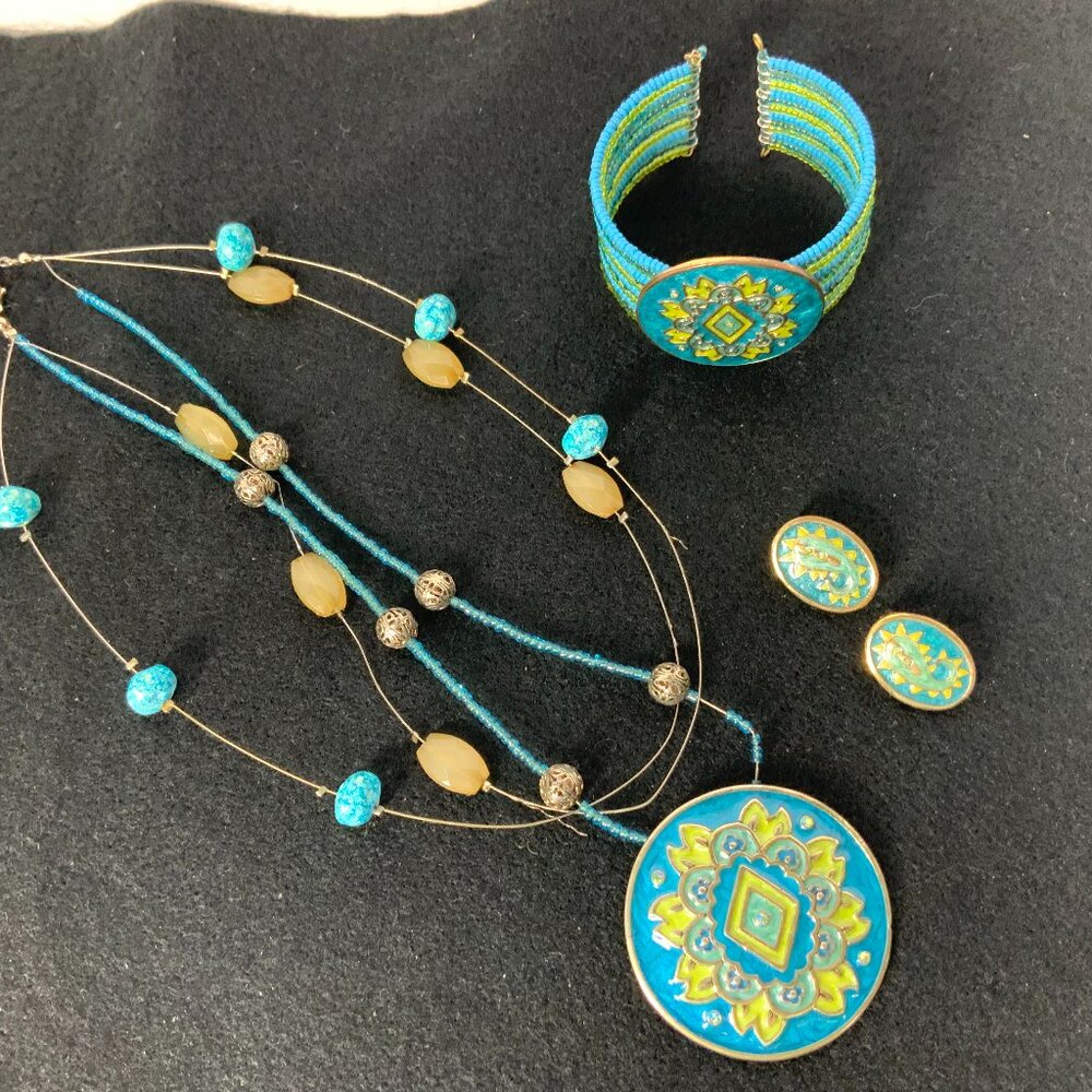 Bohemian Jewelry Set, Turquoise & Green Mandala Necklace, Earrings Cuff Bracelet